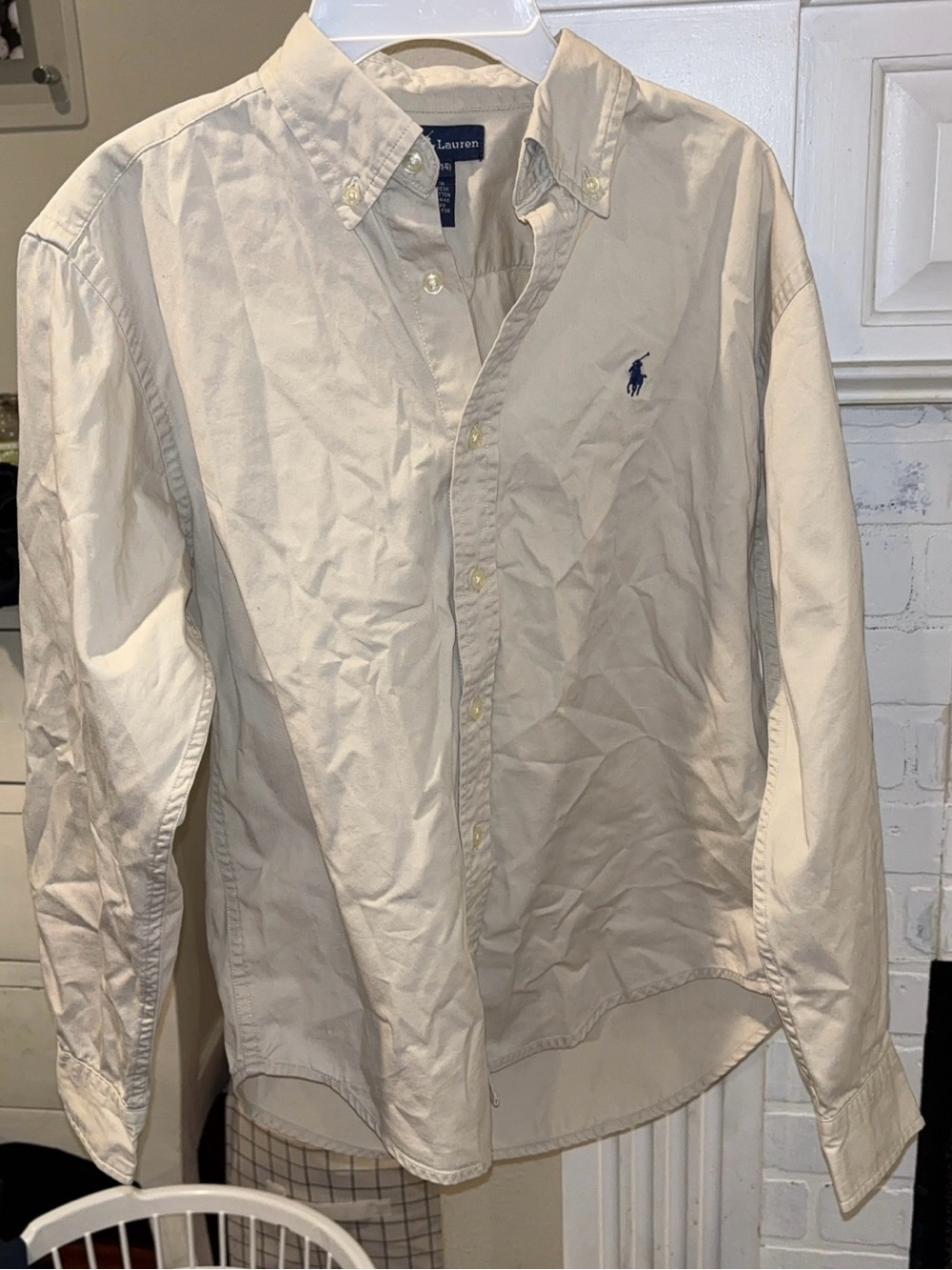 Polo Ralph Lauren Classic Button-Down Shirt - Beige w/Navy Logo Youth Size M